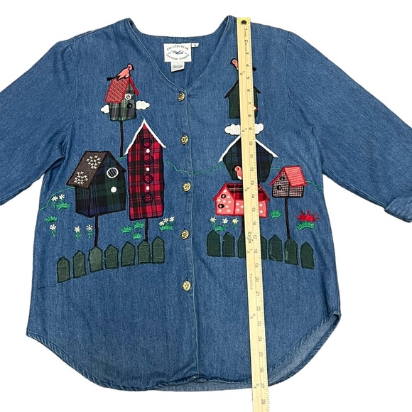 VTG 80s Country Wear Denim Patchwork Butterfly Shirt Size 8 S or M Bird Watcher - Picture 12 of 12
